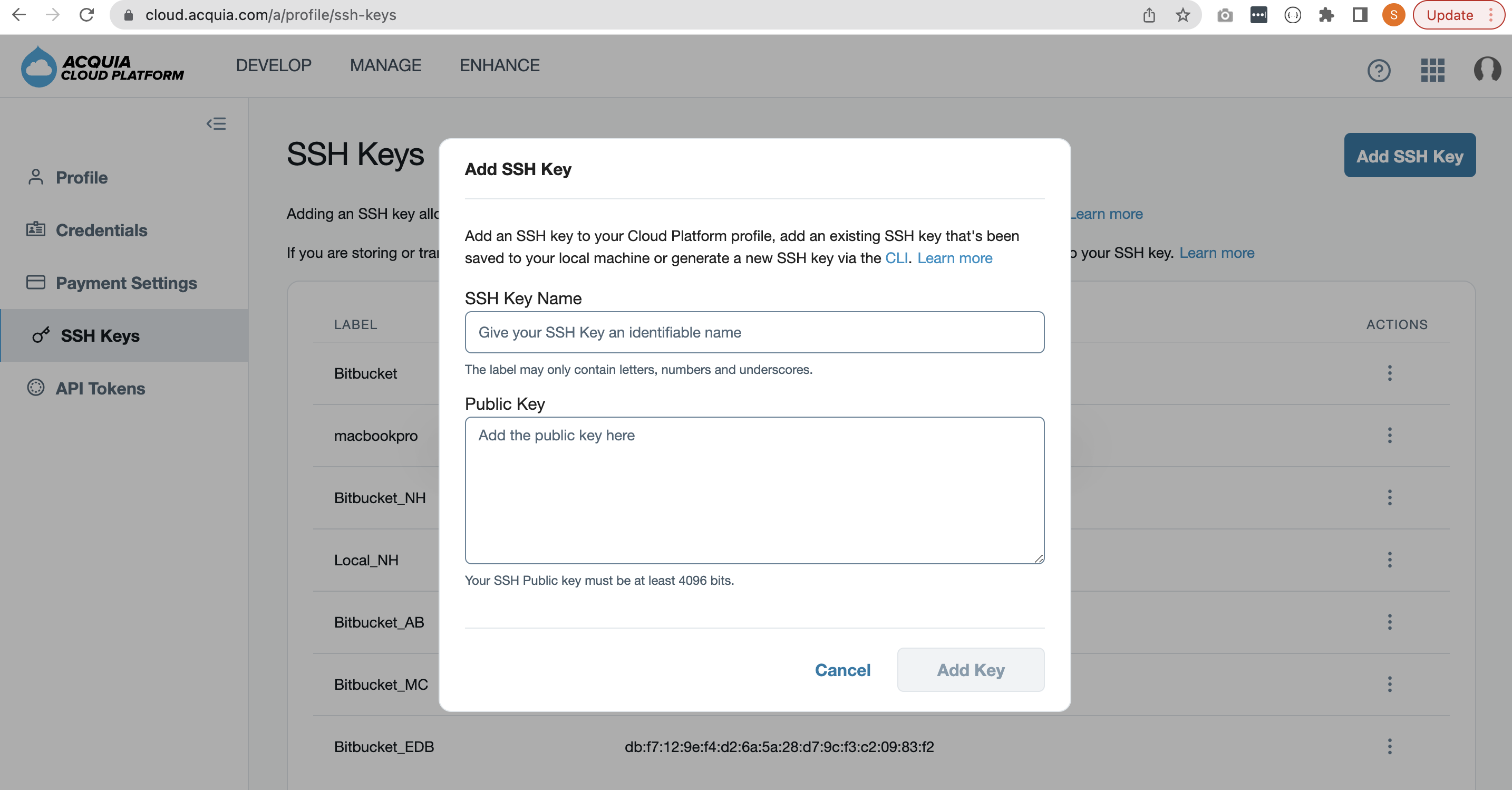 Add SSH keys acquia cloud